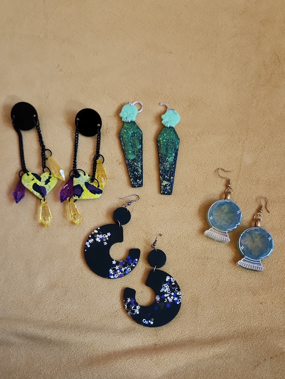 Halloween Clay And Resin Earrings Set- Skull, Coffin, Crystal Balls